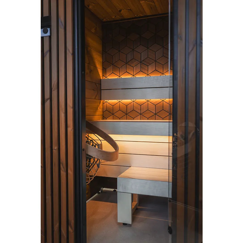 Leil® Saunas Como 1-120 Innensauna für 1 Person mit Holzbanken, geometrischem Design und warmem Licht