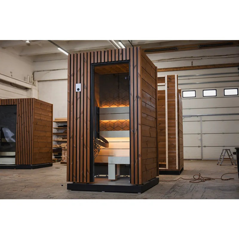 Leil® Saunas Como 1-120 Innensauna für 1 Person mit Holzverkleidung und beleuchteter Innenausstattung in Werkstatt