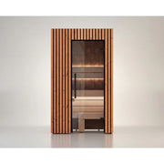 Leil® Saunas Como 1-120 Innensauna für 1 Person mit Holzfassade und Glastür, Innenansicht mit Holzbänken
