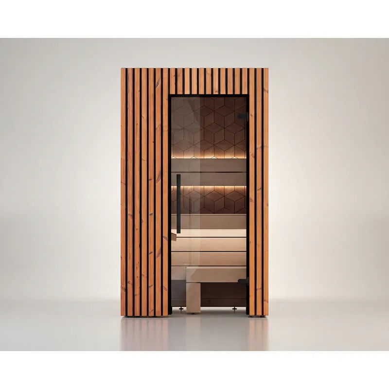 Leil® Saunas Como 1-120 Innensauna für 1 Person mit Holzfassade und Glastür, Innenansicht mit Holzbänken