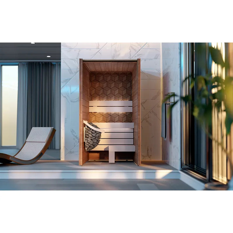 Leil® Saunas Como 1-120 Innensauna für 1 Person mit Holzverkleidung und Sitzbänken in modernem Wellnessraum