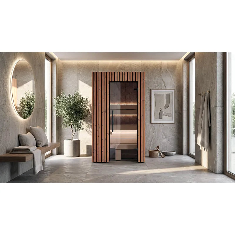 Leil® Saunas Como 1-120 Innensauna für 1 Person mit Holzfront in modernem Badezimmer