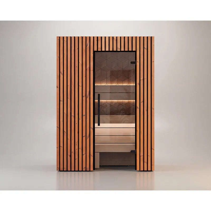 Leil Saunas Como 2-150 Innensauna mit vertikaler Holzfassade, Glastür und zwei Holzbänken im Innenraum