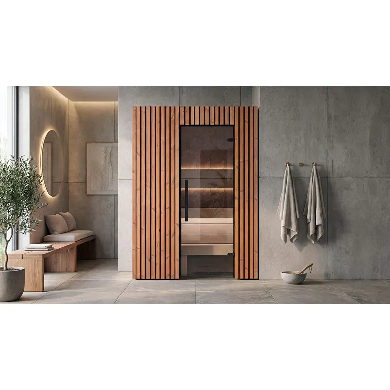 Leil Saunas Como 2-150 Innensauna 2 Personen mit Holzverkleidung in modernem Badezimmer