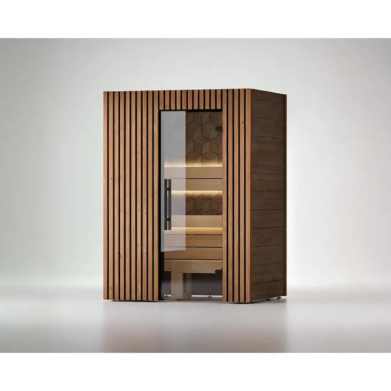 Leil Saunas Como 2-150 Innensauna 2 Personen mit vertikaler Holzfassade und Glastür
