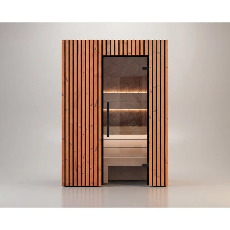 Leil Saunas Como 2-150 Innensauna 2 Personen mit vertikalem Holzdesign, Glastür und Holzbänken im Innenraum