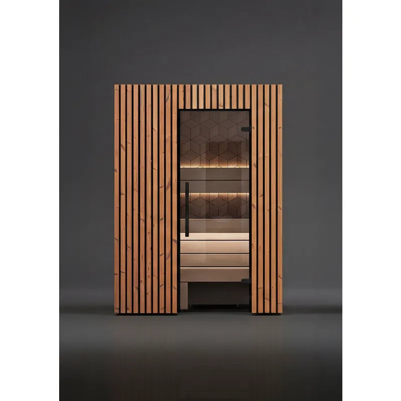 Leil Saunas Como 2-150 Innensauna 2 Personen mit Holzverkleidung und Glastür, Innenraum mit Holzbänken
