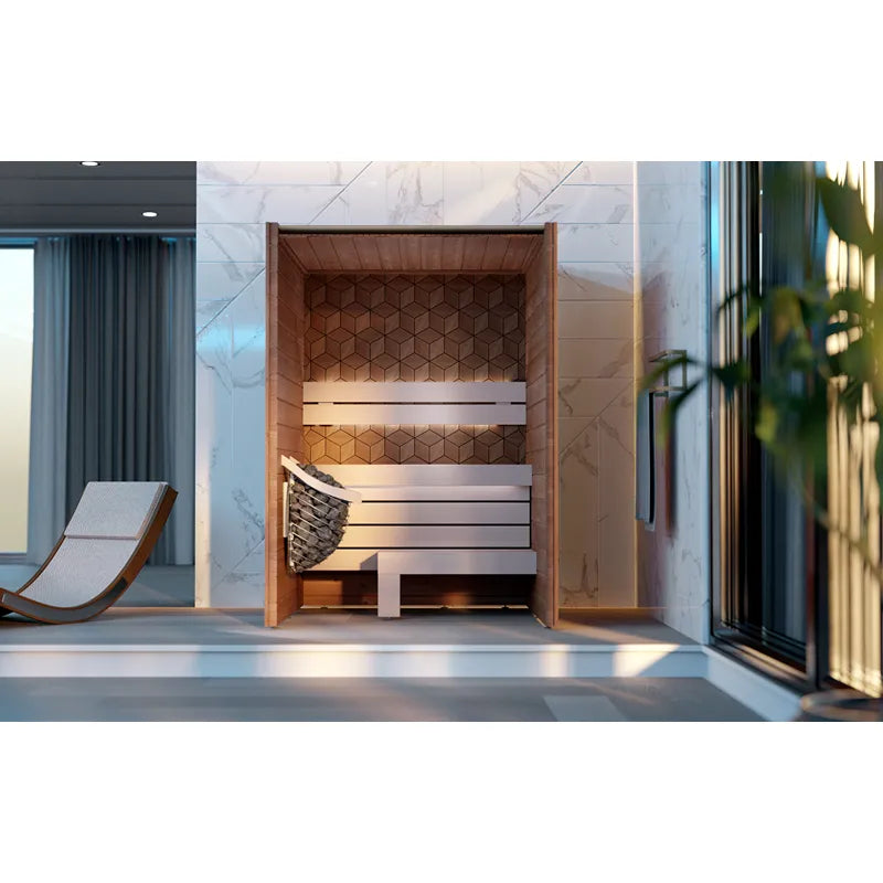 Leil Saunas Como 2-150 Innensauna mit Holzverkleidung, geometrischem Muster und zwei hellen Bänken in modernem Wellness-Raum