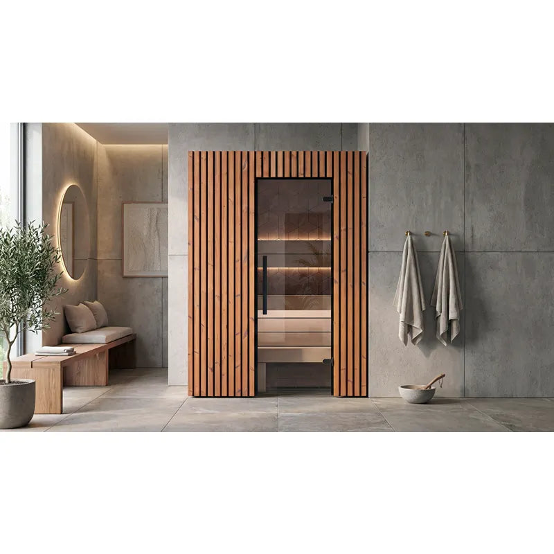 Leil Saunas Como 2-150 Innensauna 2 Personen mit Holzverkleidung in modernem Badezimmer