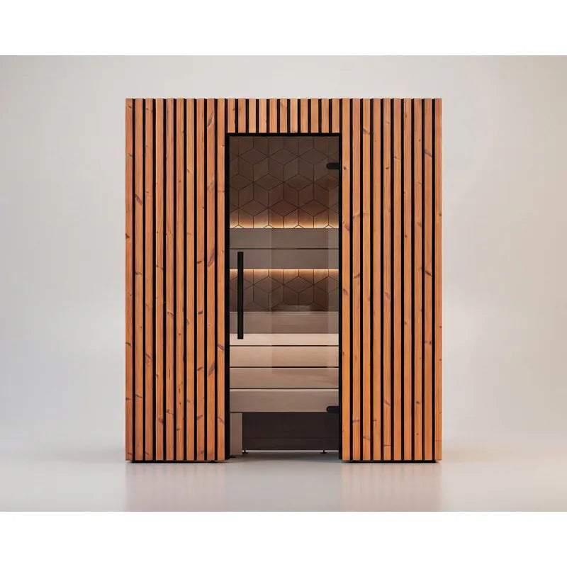 Leil Saunas Como 3-180 Innensauna 3 Personen mit vertikalem Holzdesign, Glastür und beleuchteten Holzbänken