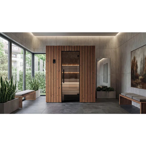 Leil Saunas Como 3-180 Innensauna 3 Personen mit Holzverkleidung in modernem Wellnessraum