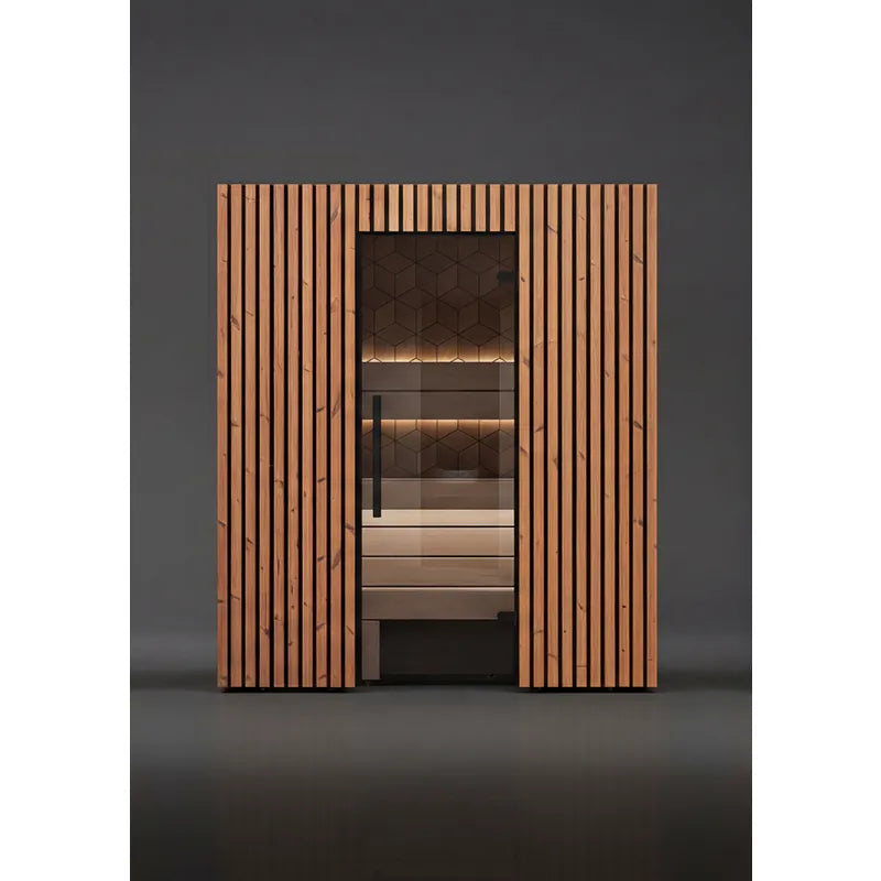 Leil Saunas Como 3-180 Innensauna 3 Personen mit vertikalem Holzdesign, Glastür und Holzbänken