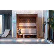 Leil Saunas Como 3-180 Innensauna 3 Personen mit Holzbank und geometrischem Muster im modernen Badezimmer