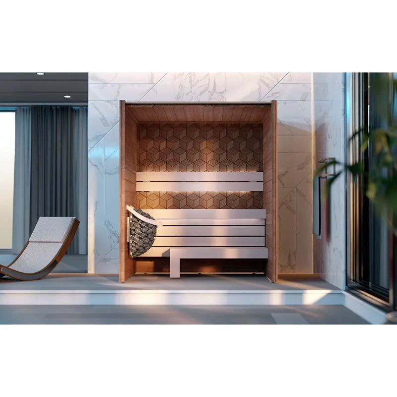 Leil Saunas Como 3-180 Innensauna 3 Personen mit Holzbank und geometrischem Muster im modernen Badezimmer