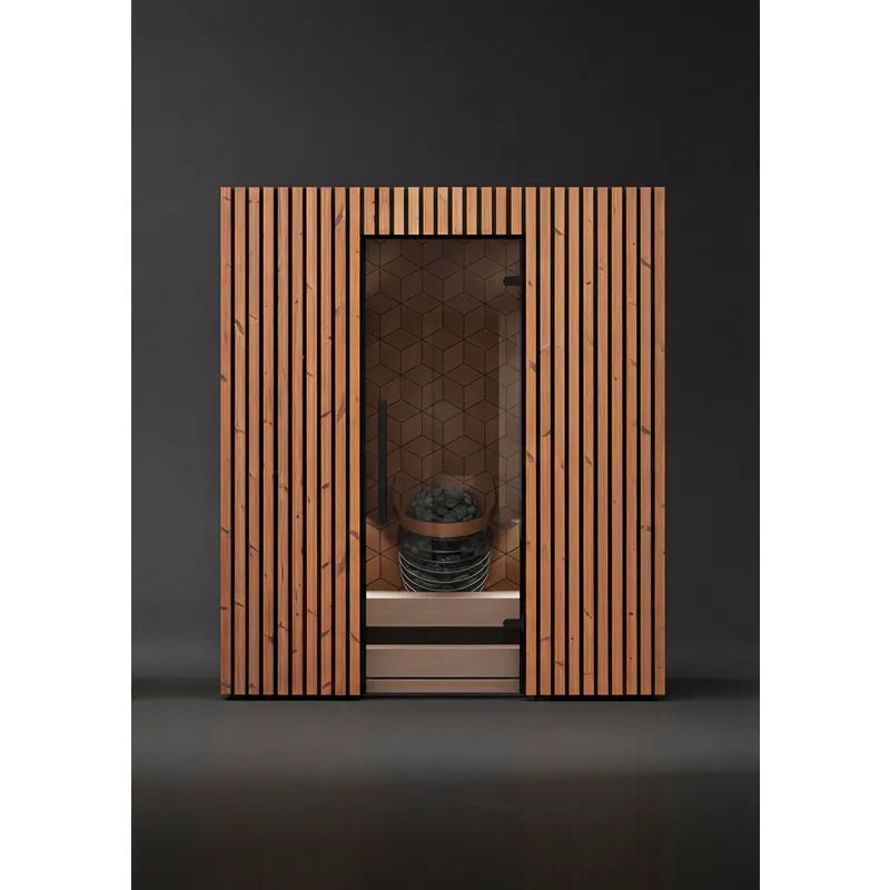 Leil® Saunas Como 4-180 Innensauna für 4 Personen mit vertikalem Holzdesign, offener Tür und Saunaofen