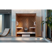 Leil® Saunas Como 4-180 Innensauna für 4 Personen mit Holzverkleidung, weißen Bänken und Saunaofen in modernem Badezimmer
