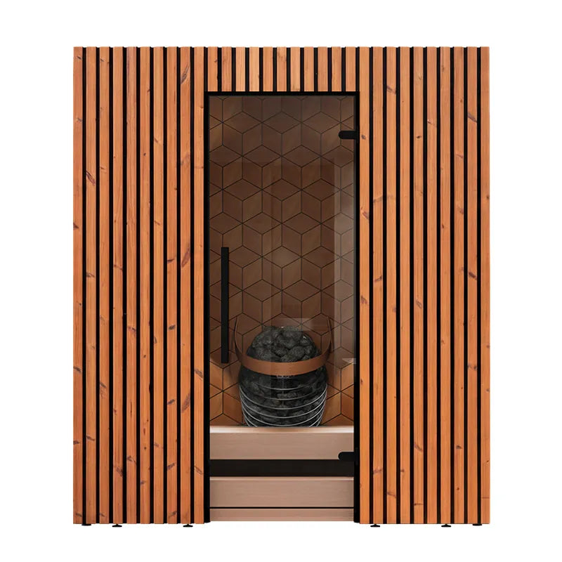 Leil® Saunas Como 4-180 Innensauna für 4 Personen mit vertikalem Holzdesign, offener Tür und Saunaofen