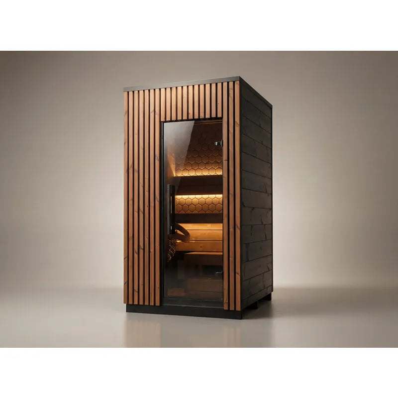 Leil® Viva 120 kompakte Gartensauna 1 Person von Leil® Saunas mit Holzverkleidung und beleuchteter Quarzbank