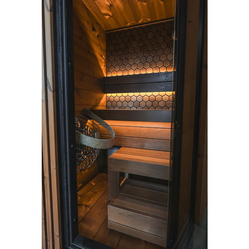 Leil® Viva 120 Kompakte Gartensauna 1 Person Innenraum mit Holzbänken und Infrarotstrahlern