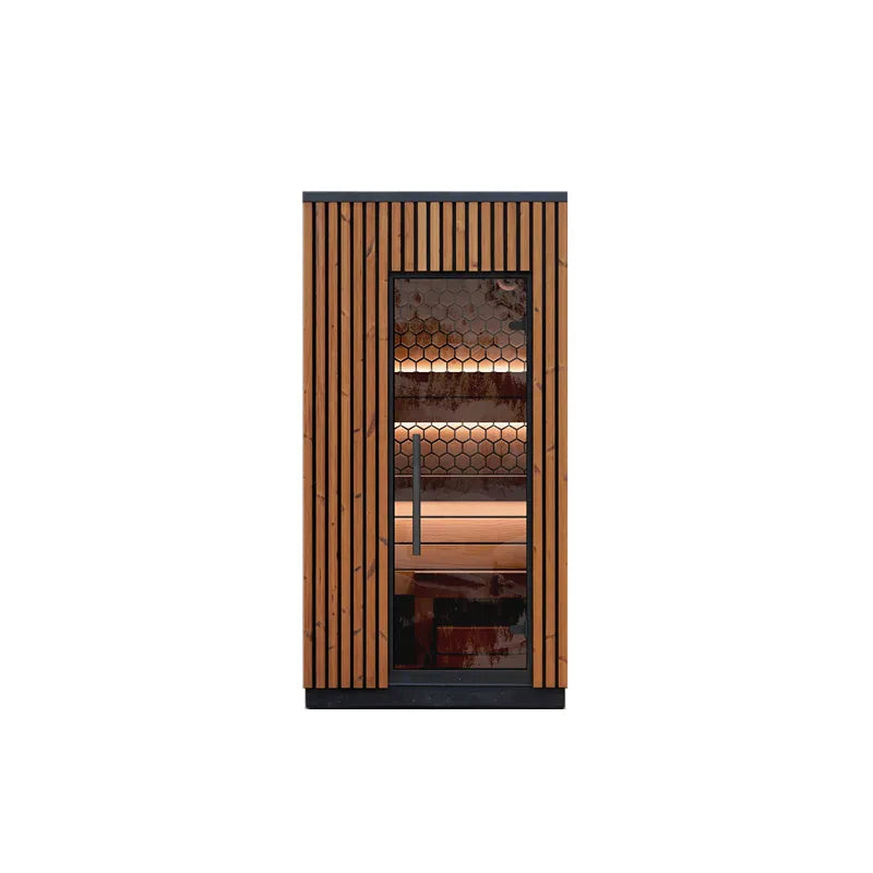 Leil® Viva 120 Kompakte Gartensauna 1 Person von Leil® Saunas mit Holzverkleidung und Glastür auf weißem Hintergrund