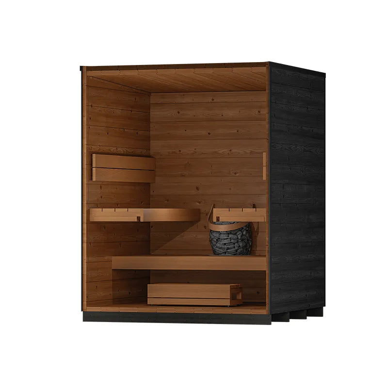 Leil® Viva 180 – 4 Personen Gartensauna von Leil® Saunas mit Holzinnenraum, Bänken und schwarzem Außengehäuse