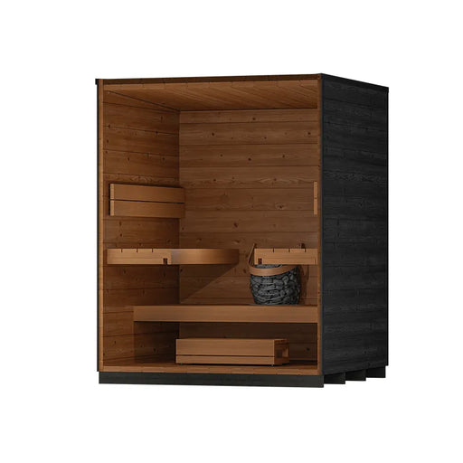 Leil Viva 180 – 4 Personen Gartensauna von Leil Saunas mit Holzinnenraum, Bänken und schwarzem Außengehäuse