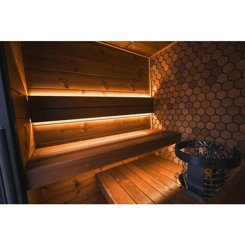 Leil® Viva 180 Gartensauna Innenraum mit Holzbänken, LED-Beleuchtung und Saunaofen