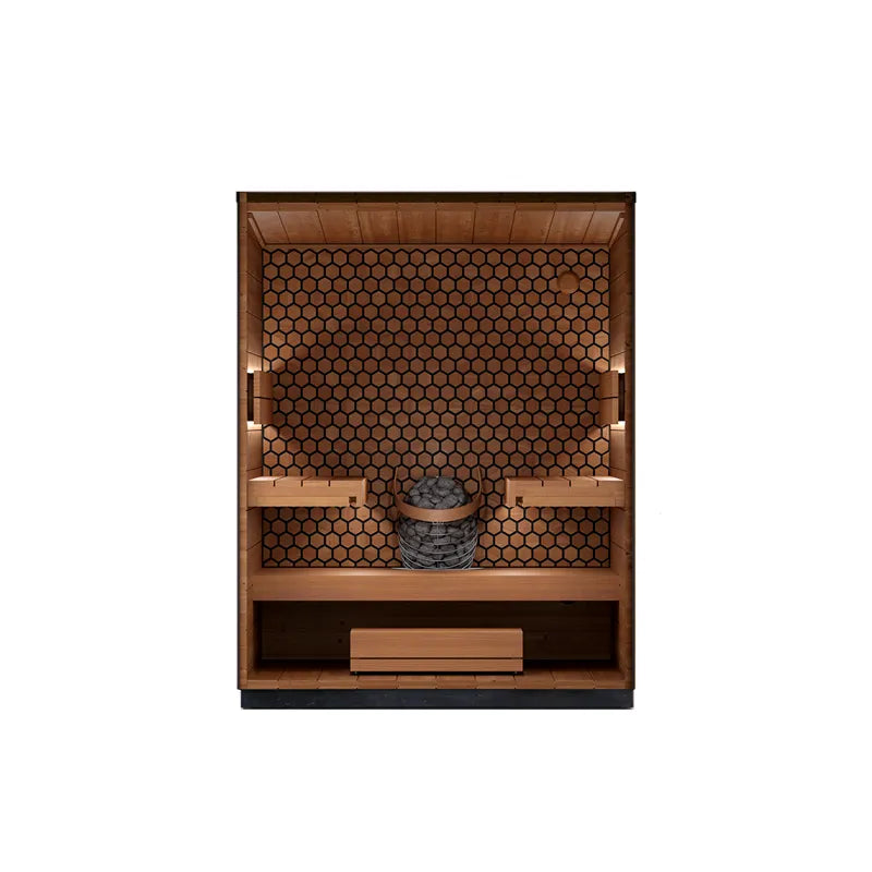 Leil® Viva 180 – 4 Personen Gartensauna von Leil® Saunas Innenraum mit Holzbänken und Saunaofen