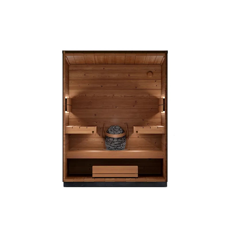 Leil® Viva 180 – 4 Personen Gartensauna von Leil® Saunas mit Holzinnenraum, zwei Bänken und Saunaofen