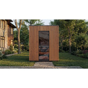 Leil® Viva 180 – 4 Personen Gartensauna von Leil® Saunas mit vertikalen Holzlamellen im modernen Garten