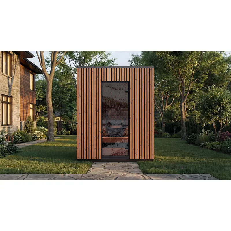 Leil® Viva 180 – 4 Personen Gartensauna von Leil® Saunas mit vertikalen Holzlamellen im modernen Garten