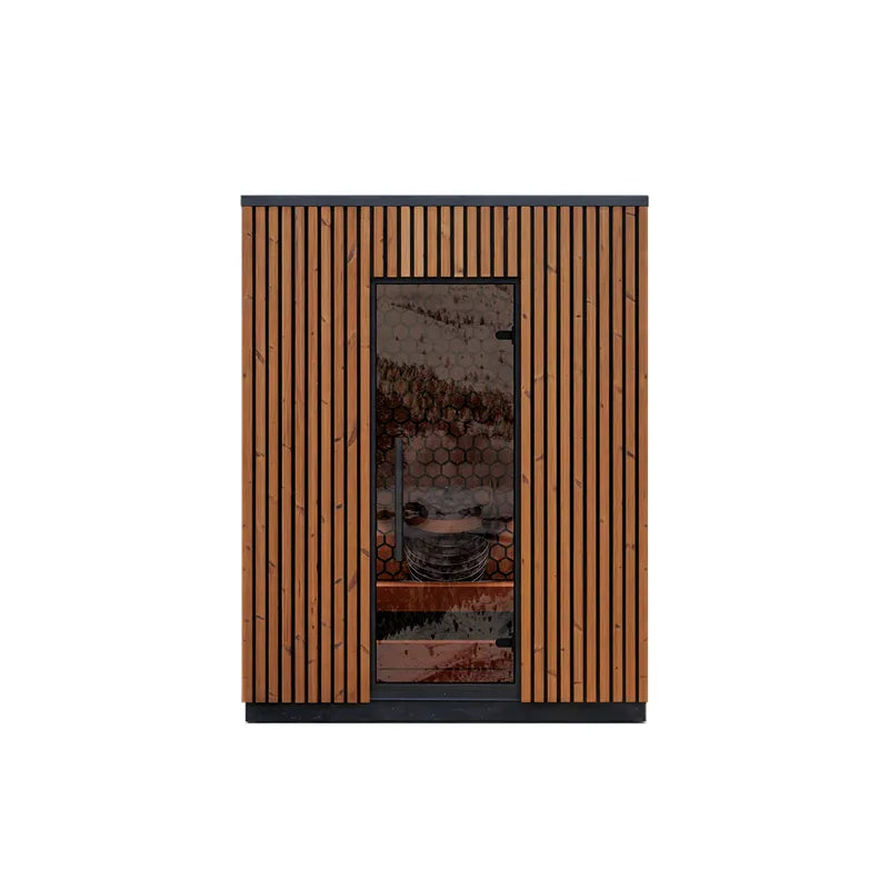 Leil® Viva 180 – 4 Personen Gartensauna von Leil® Saunas mit vertikalem Holzdesign und Glastür mit Sichtfenster