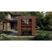 Leil® Viva 210 Gartensauna 4 Personen mit Liege von Leil® Saunas im modernen Garten neben Wohnhaus