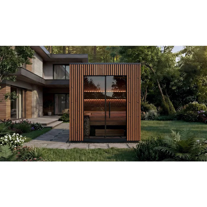 Leil® Viva 210 Gartensauna 4 Personen mit Liege von Leil® Saunas im modernen Garten neben Wohnhaus