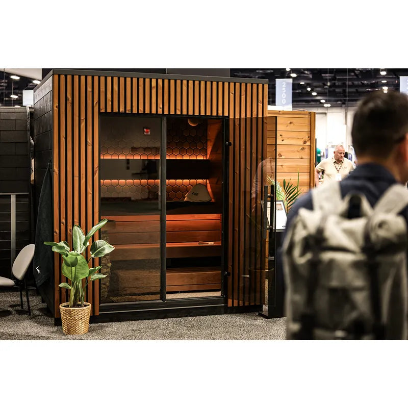 Leil® Viva 210 Gartensauna 4 Personen mit Liege von Leil® Saunas mit Holzverkleidung und Glastür auf Messe