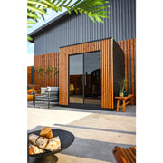 Leil® Viva 210 Gartensauna 4 Personen mit Liege von Leil® Saunas im modernen Gartendesign mit orangeholz-Verkleidung