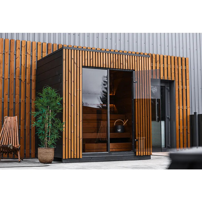 Leil® Viva 210 Gartensauna 4 Personen mit Liege von Leil® Saunas mit Holzverkleidung im modernen Garten