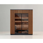 Leil® Viva 210 Gartensauna 4 Personen mit Liege von Leil® Saunas, modernes Saunahaus mit Holzlatten und Glastür