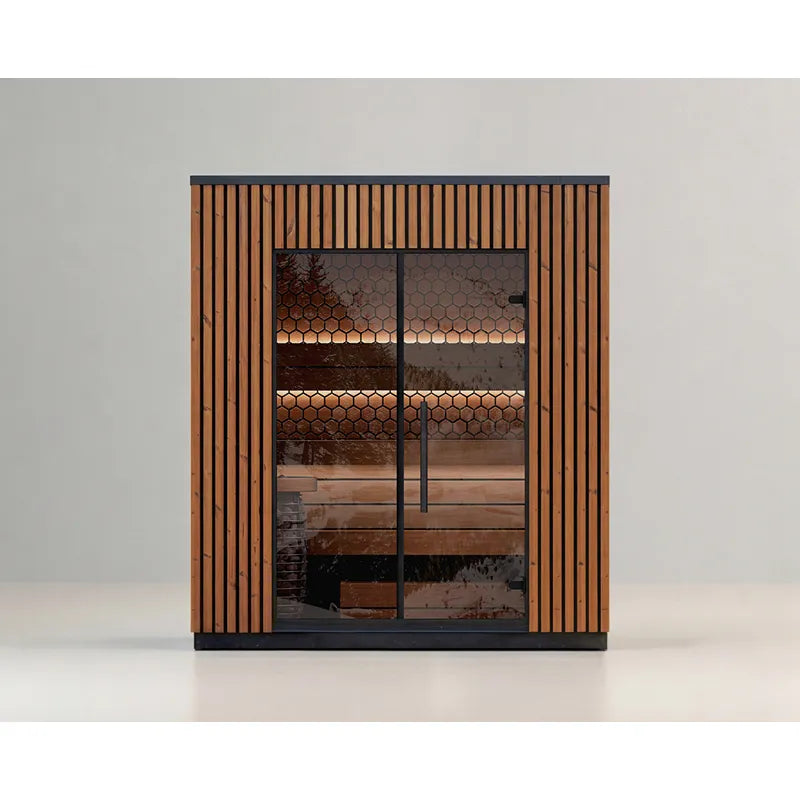 Leil® Viva 210 Gartensauna 4 Personen mit Liege von Leil® Saunas, modernes Saunahaus mit Holzlatten und Glastür