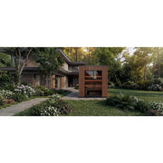Leil® Viva 210 Gartensauna 4 Personen mit Liege von Leil® Saunas in modernem Garten mit Holzverkleidung