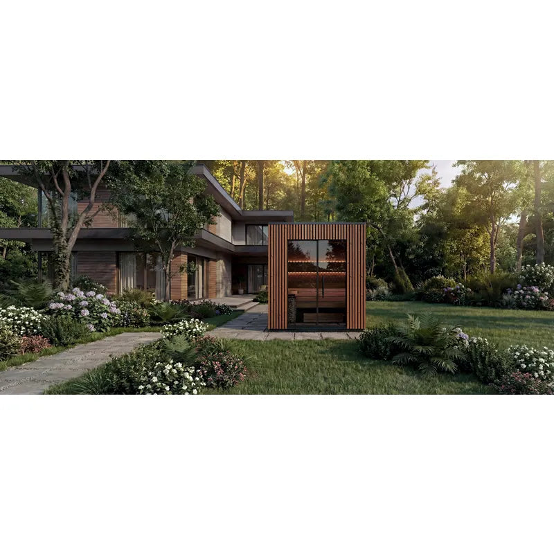 Leil® Viva 210 Gartensauna 4 Personen mit Liege von Leil® Saunas in modernem Garten mit Holzverkleidung