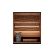 Leil® Viva 210 Gartensauna Innenraum mit Holzbänken, Infrarotheizpanelen und Saunaofen