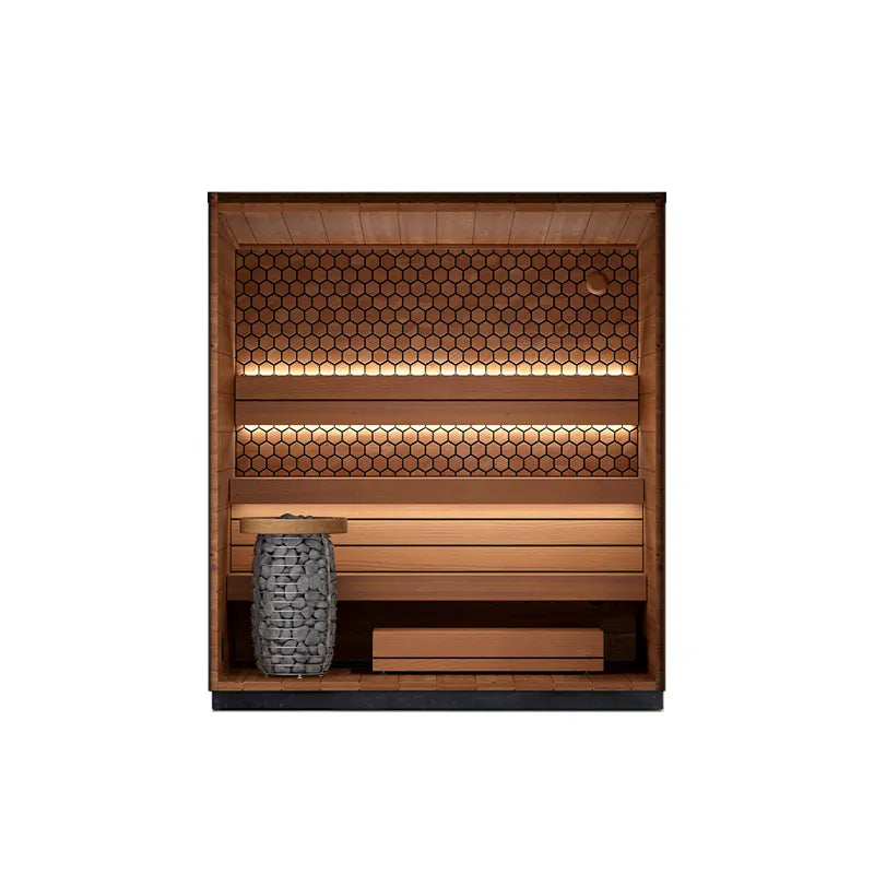 Leil® Viva 210 Gartensauna Innenraum mit Holzbänken, Infrarotheizpanelen und Saunaofen