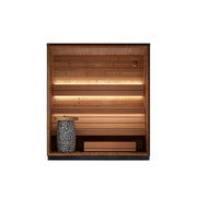 Leil® Viva 210 Gartensauna Innenraum mit Holzbänken, Liege und Saunaofen