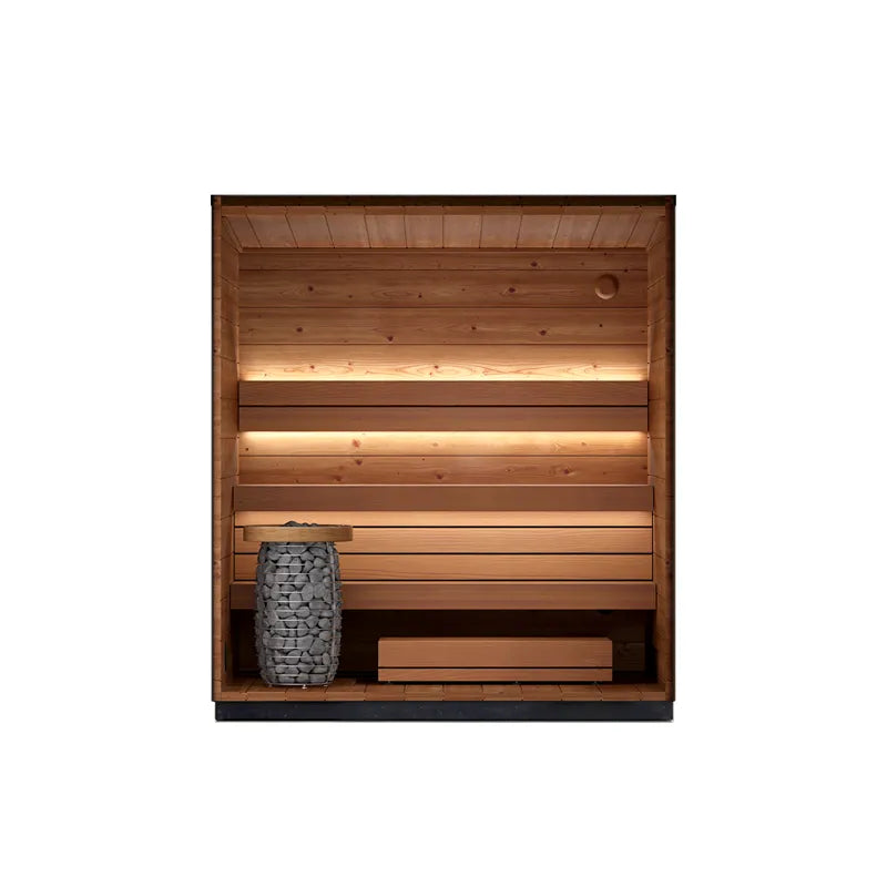 Leil® Viva 210 Gartensauna Innenraum mit Holzbänken, Liege und Saunaofen