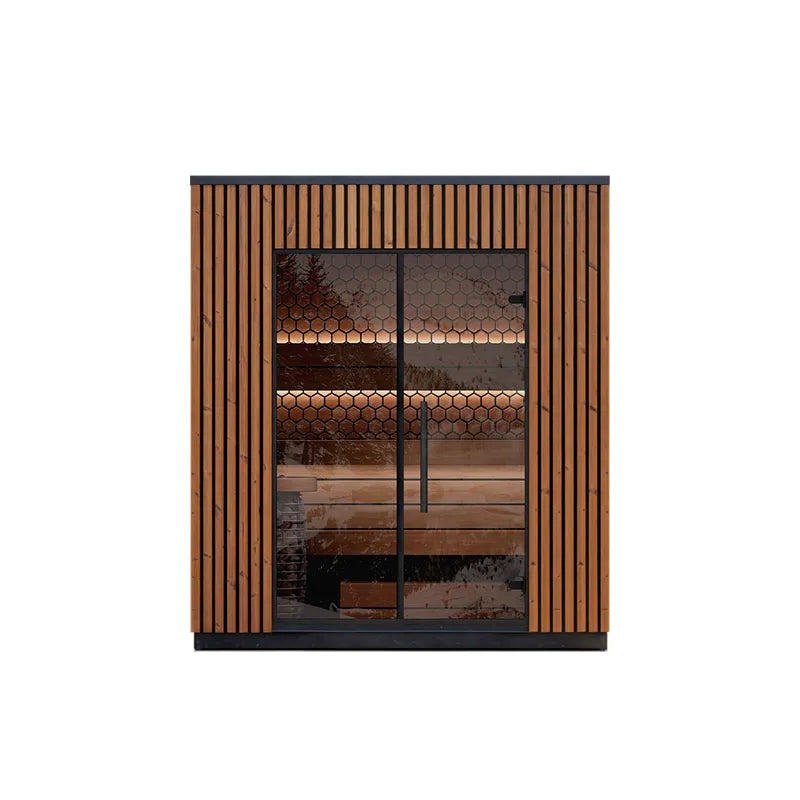 Leil® Viva 210 Gartensauna 4 Personen mit Liege von Leil® Saunas, modernes Holzdesign mit Glastür und Sichtfenster