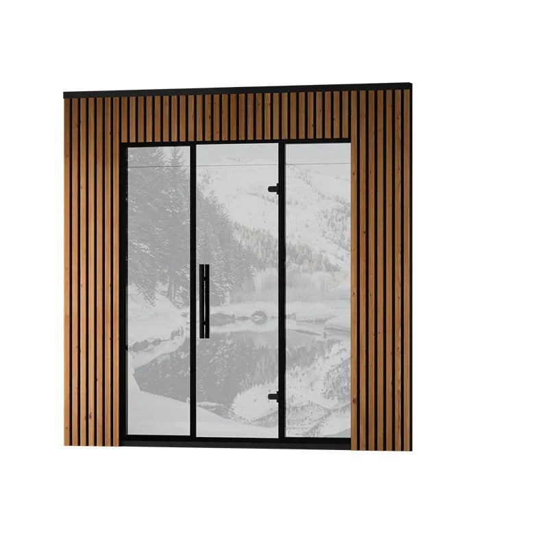 Leil® Viva 250 Gartensauna 4 Personen XL mit Glasfront von Leil® Saunas, Holzfassade mit großer Glastür