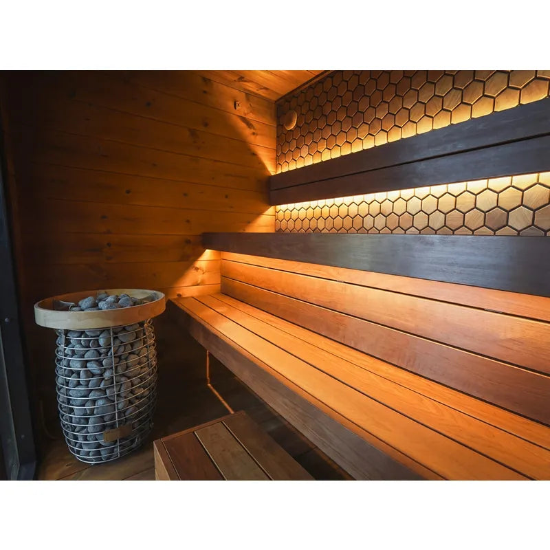 Leil® Saunas Leil® Viva 250 Gartensauna Innenraum mit Holzbänken, Saunaofen und LED-Beleuchtung