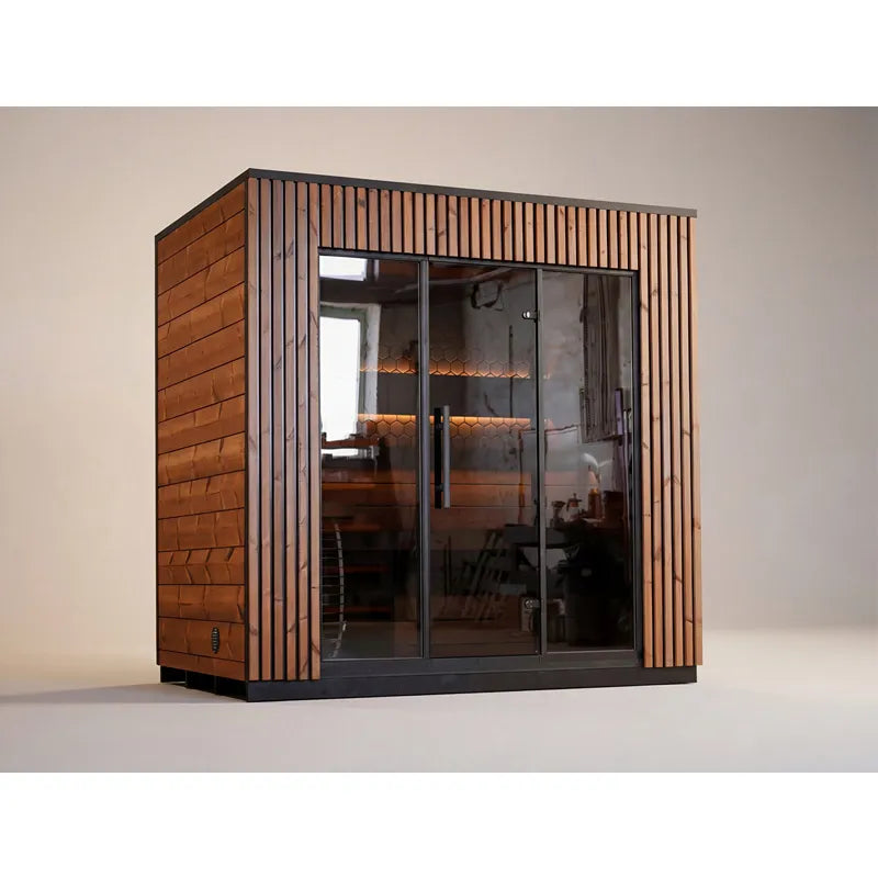 Leil® Viva 250 Gartensauna 4 Personen XL mit Glasfront von Leil® Saunas, modernes Design mit Holzverkleidung