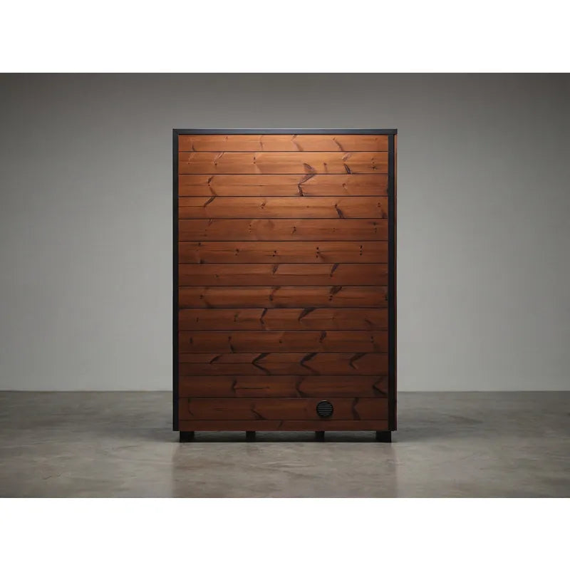 Leil® Viva 250 Gartensauna 4 Personen XL mit Glasfront von Leil® Saunas, Frontansicht mit Holzverkleidung